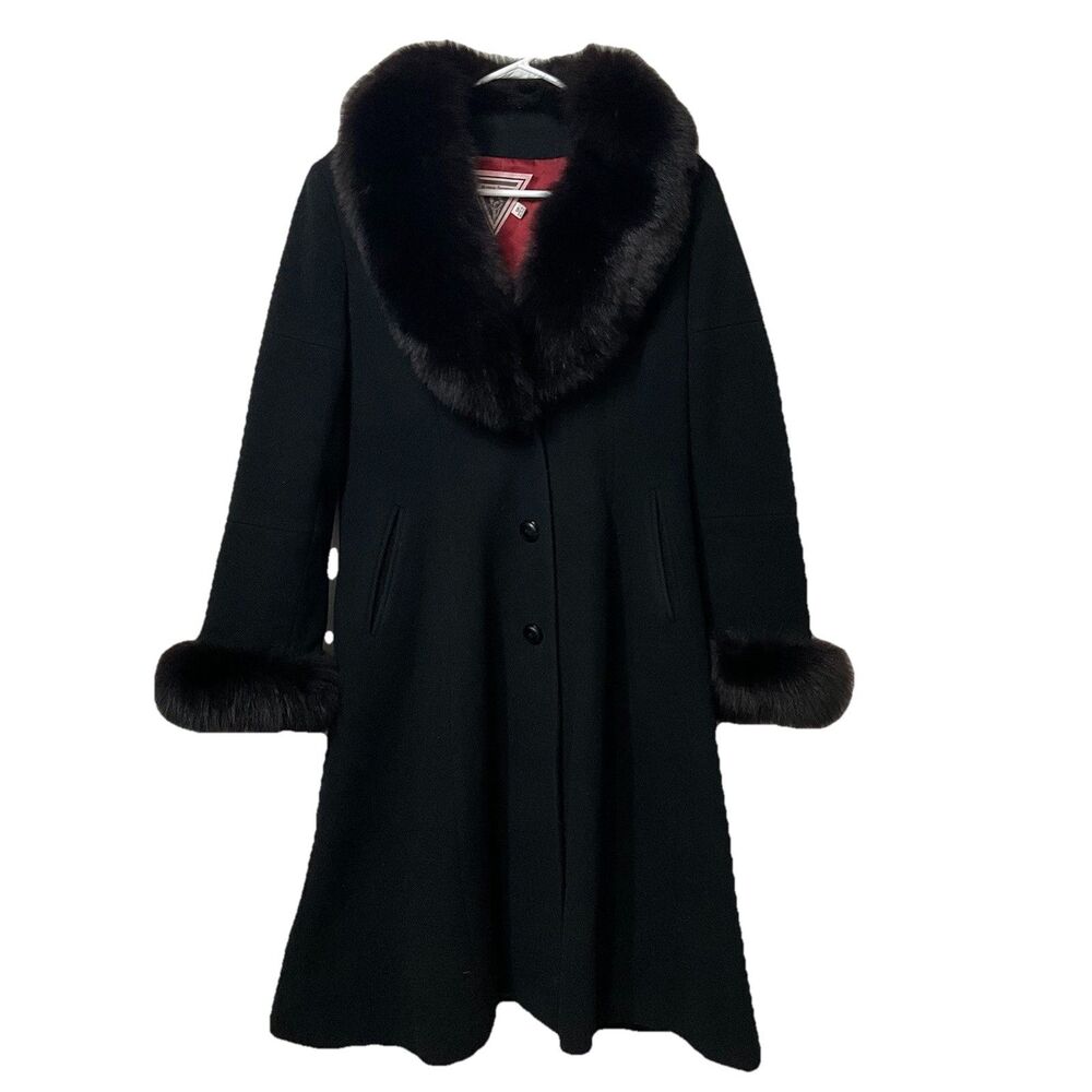 Marvin Richards Women's Lambswool Cashmere Fox Fur Black Peacoat 12 Petite